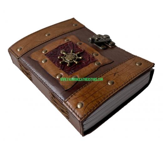antique handmade leather journal notbook with compass